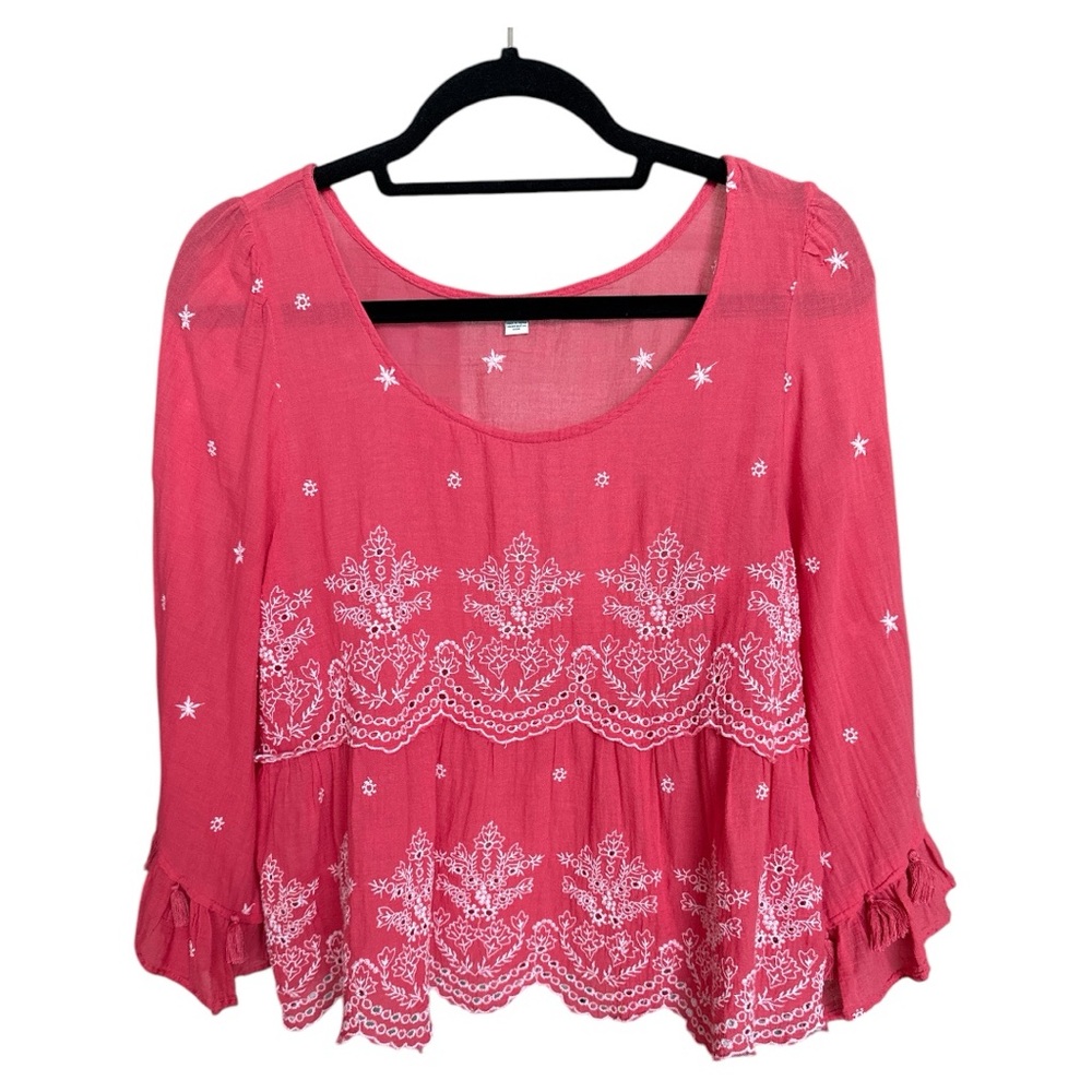American Eagle Outfitters Coral Pink Embroidered Peasant Top